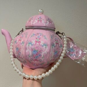 Dolls Kill Pink Floral Teapot Shaped Handbag with Pearl Handle NWT